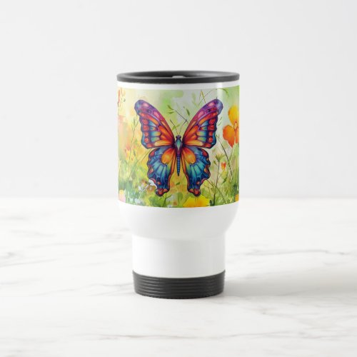 Butterfly Blue Orange Wings Travel Mug