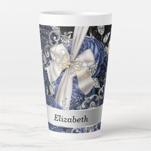 Butterfly blue rose glitter bow DIY name girls Latte Mug