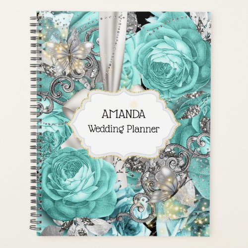 Butterfly blue rose silver rhinestone DIY name Planner