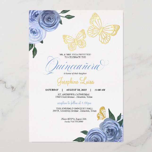 Butterfly Blue Roses Quinceanera Real Foil Invitation (Front)