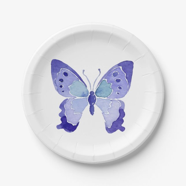 Butterfly Blue Watercolor Butterflies Wedding Paper Plates (Front)