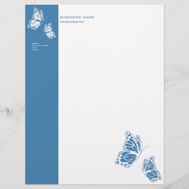 Butterfly Blue & White Elegant Modern Simple Letterhead (Front)