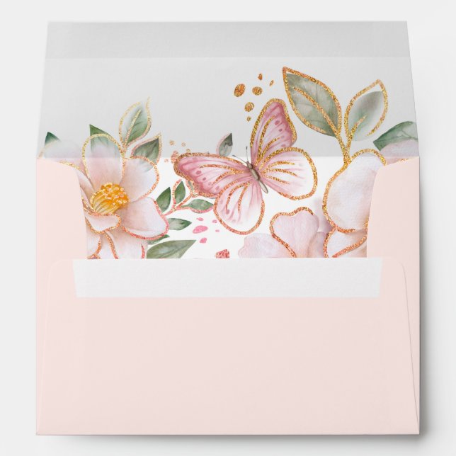 Butterfly & Blush Pink Flowers Whimsical  Envelope (Back (Bottom))