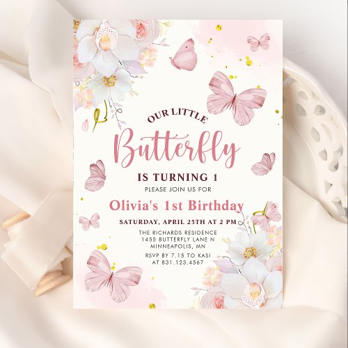Butterfly Boho Floral Pink Girl Birthday  Invitation