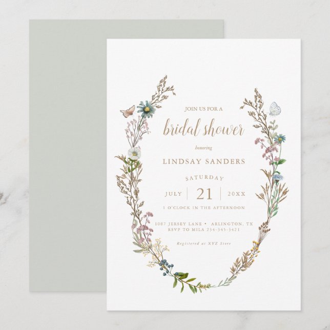 Butterfly Boho Foliage Wreath Bridal Shower Invitation (Front/Back)