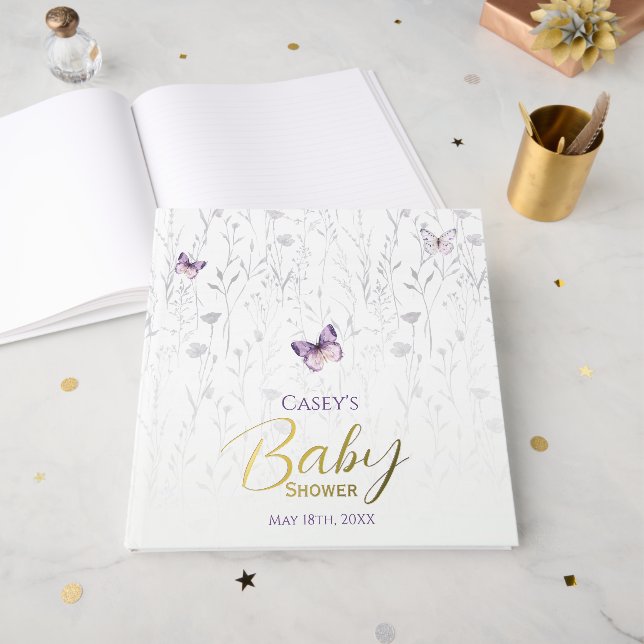 Butterfly Boho Lavender Baby Shower Foil Guest Book (Front Open)