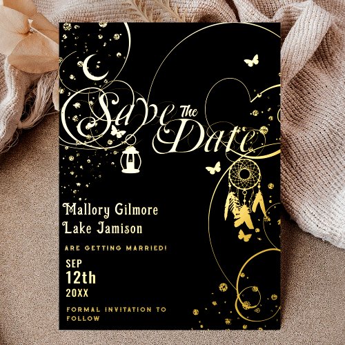 Butterfly Boho Save the Date Glitzy Black and Gold Foil Invitation