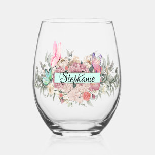 Butterfly Botanicals Personalized Elegant flowers Stemless Wine Glass