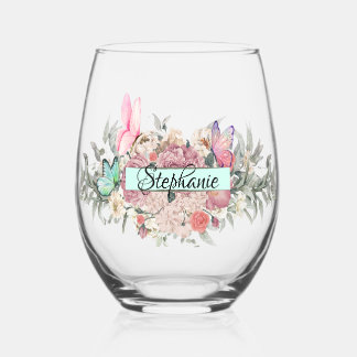 Butterfly Botanicals Personalized Elegant flowers Stemless Wine Glass