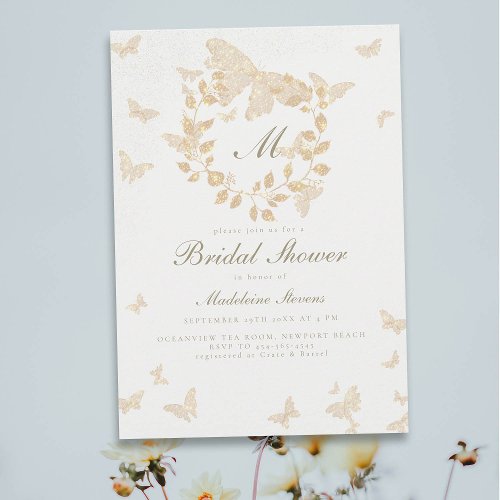 Butterfly Bridal Shower Gold Monogram Greenery Invitation