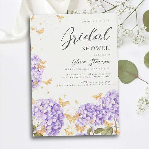 Butterfly Bridal Shower Gold Purple Hydrangea Invitation