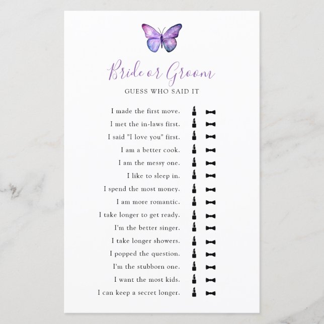 Butterfly Bridal Shower Guess who Said it (Front)