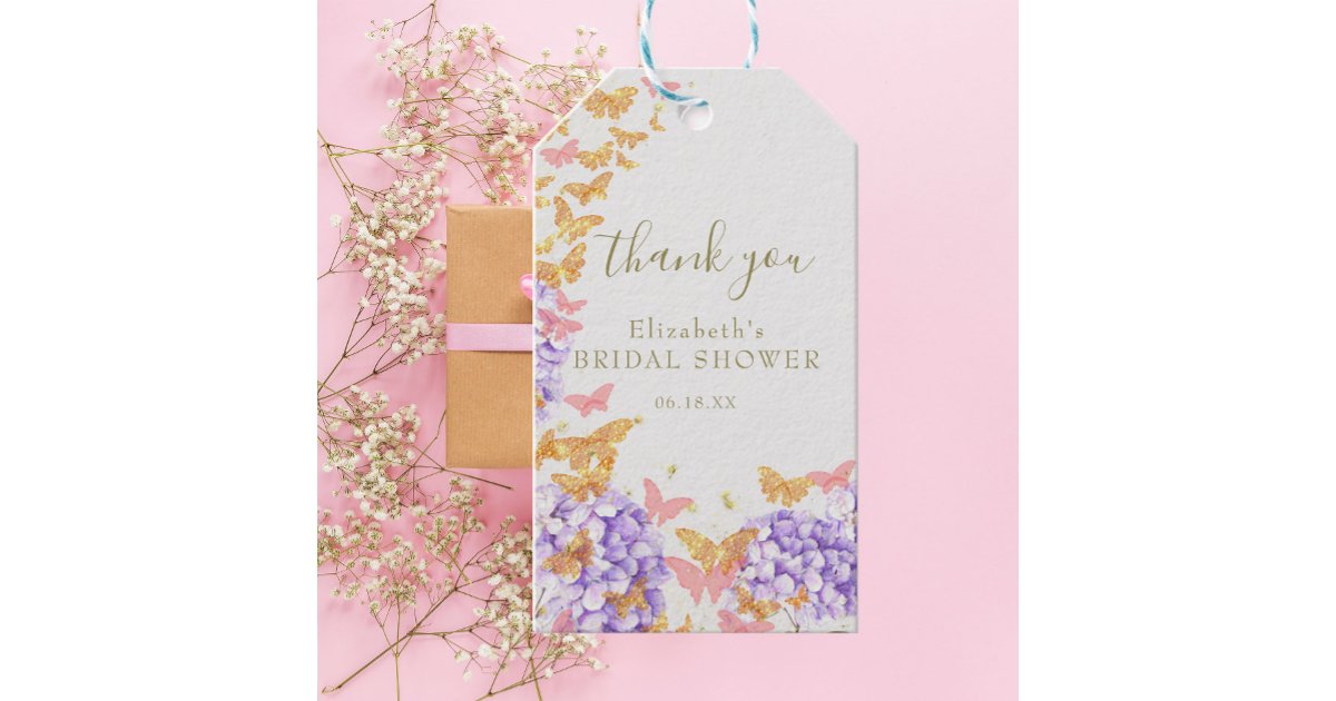 Butterfly Bridal Shower Hydrangea Boho Thank You Gift Tags | Zazzle