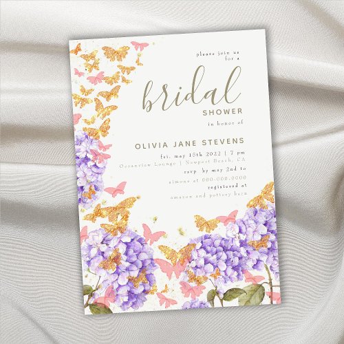 Butterfly Bridal Shower Hydrangea Gold Elegant Invitation