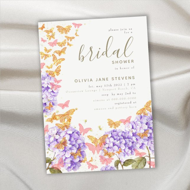 Butterfly Bridal Shower Hydrangea Gold Elegant Invitation