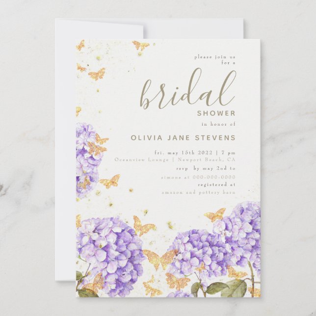 Butterfly Bridal Shower Hydrangea Gold Romantic Invitation (Front)