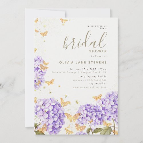 Butterfly Bridal Shower Hydrangea Gold Romantic Invitation