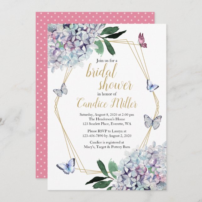 butterfly bridal shower invitation pink hydrangea (Front/Back)