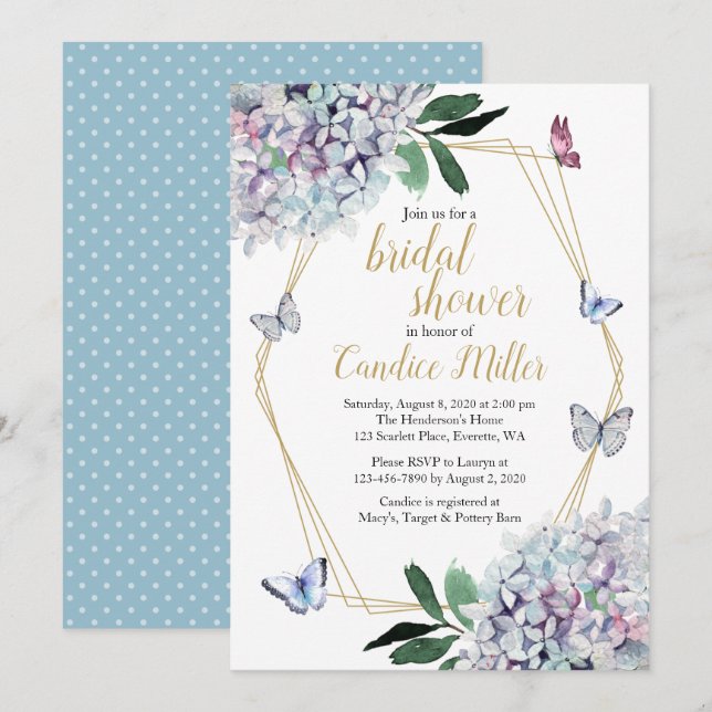 butterfly bridal shower invites blue purple pink (Front/Back)