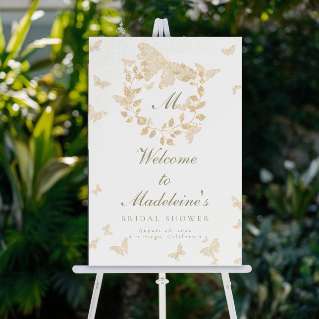 Butterfly Bridal Shower Monogram Greenery Welcome Foam Board (butterflies bridal shower welcome sign gold sprinkle elegant formal modern classic ivory linen ecru)