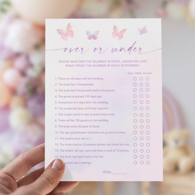 Butterfly Bridal Shower Over or Under Game Card (Creator Uploaded)