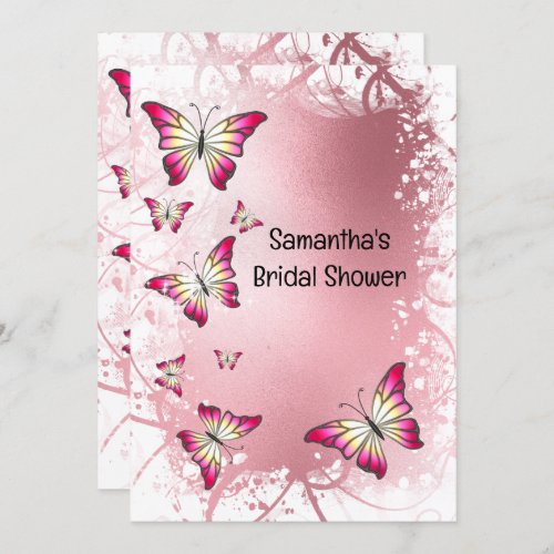 Butterfly bridal shower watercolor rose pink gold invitation