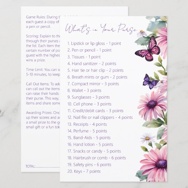 Butterfly bridal shower what's in your purse game (Front/Back)