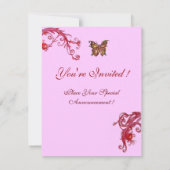 BUTTERFLY , bright red pink Invitation (Back)