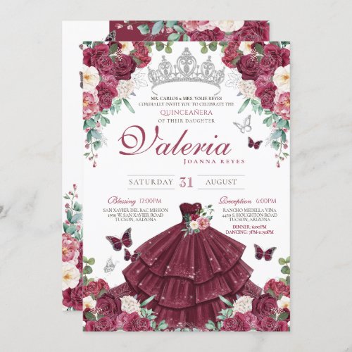 Butterfly Burgundy Red Silver Floral Quinceaera Invitation