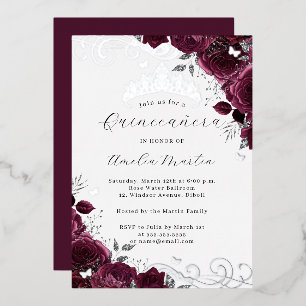 Butterfly Burgundy Silver Floral Quinceanera Foil Invitation