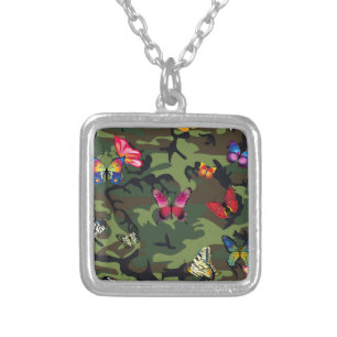 butterfly camouflage silver plated necklace