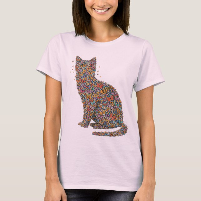 Butterfly Cat Lover Silhouette Art | Graphic Print T-Shirt (Front)