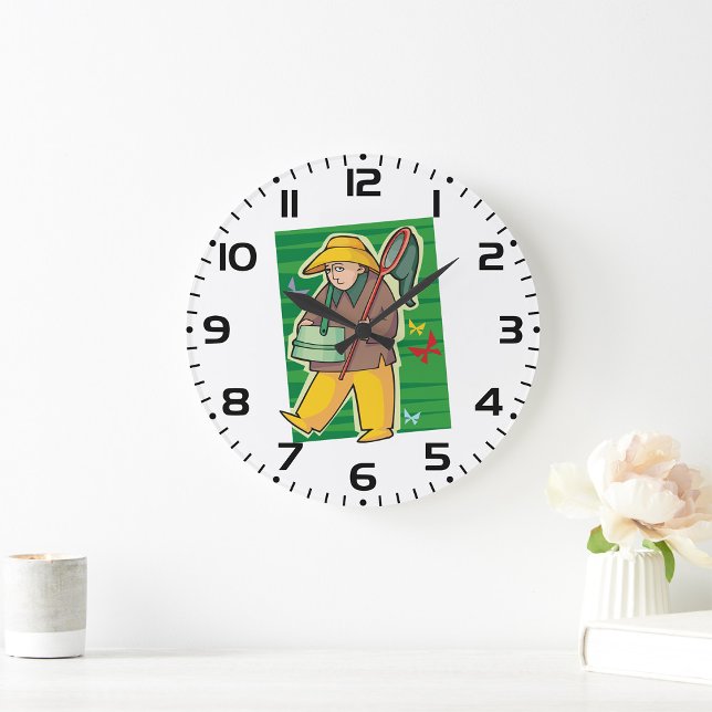 Butterfly Catcher Retro Nature Explorer Large Clock (Creator Uploaded)