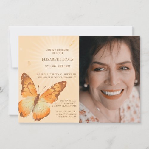 Butterfly Celebration of Life With Photo Funeral Invitation