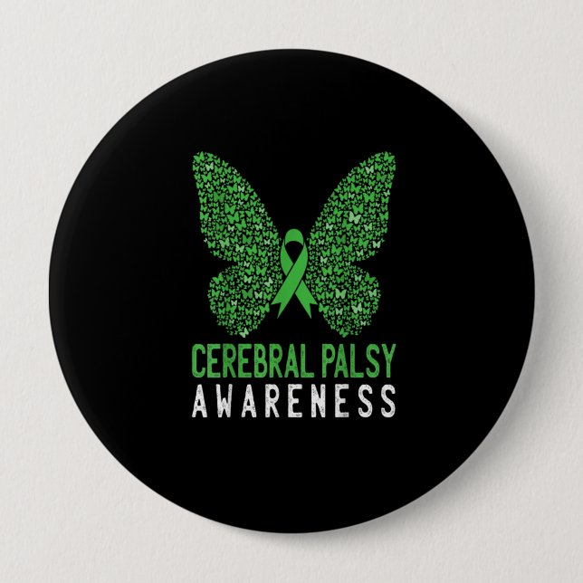 Butterfly Cerebral Palsy Awareness Green Ribbon Button (Front)