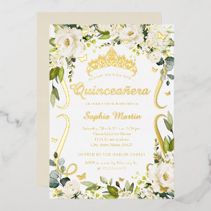 Butterfly Champagne Floral Gold Quinceanera Foil Invitation
