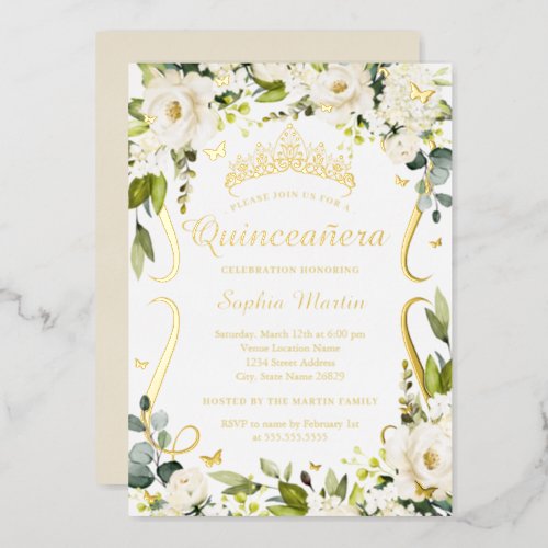 Butterfly Champagne Floral Gold Quinceanera   Foil Invitation