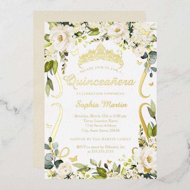 Butterfly Champagne Floral Gold Quinceanera   Foil Invitation (Front/Back)