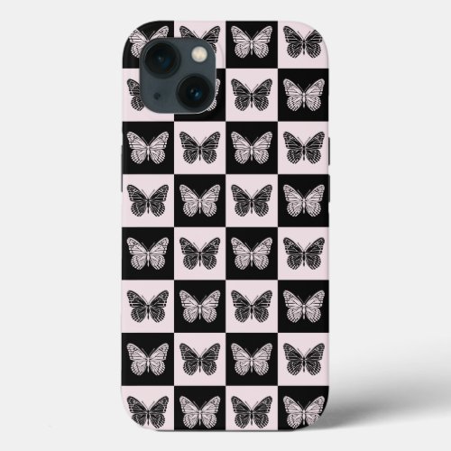 Butterfly Checkered Pattern in Black and White iPhone 13 Case