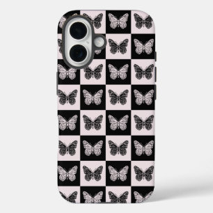Butterfly Checkered Pattern in Black and White iPhone 16 Case