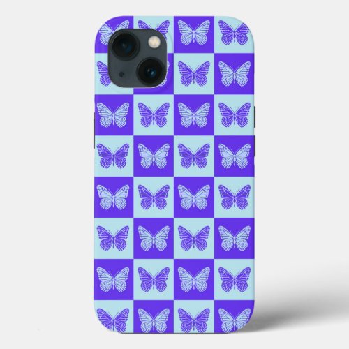 Butterfly Checkered Pattern in Blue and Purple iPhone 13 Case
