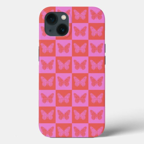 Butterfly Checkered Pattern in Pink and Red iPhone 13 Case