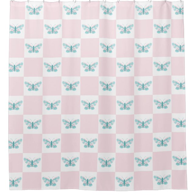 Butterfly checkered pink teal blue Shower Curtain (Front)
