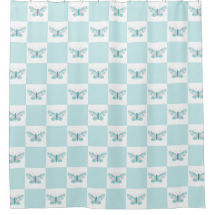 Butterfly checkered teal blue Shower Curtain