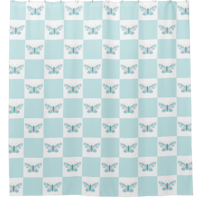 Butterfly checkered teal blue Shower Curtain (Front)