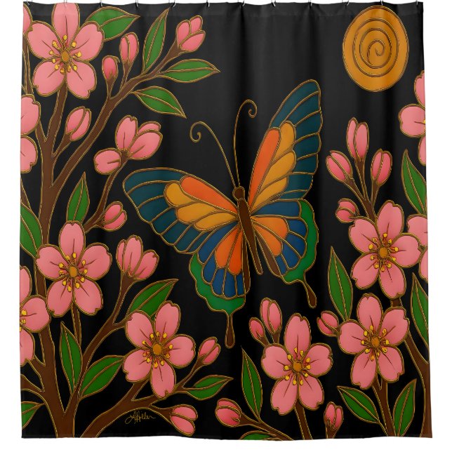 Butterfly Cherry Blossom Moon Shower Curtain (Front)