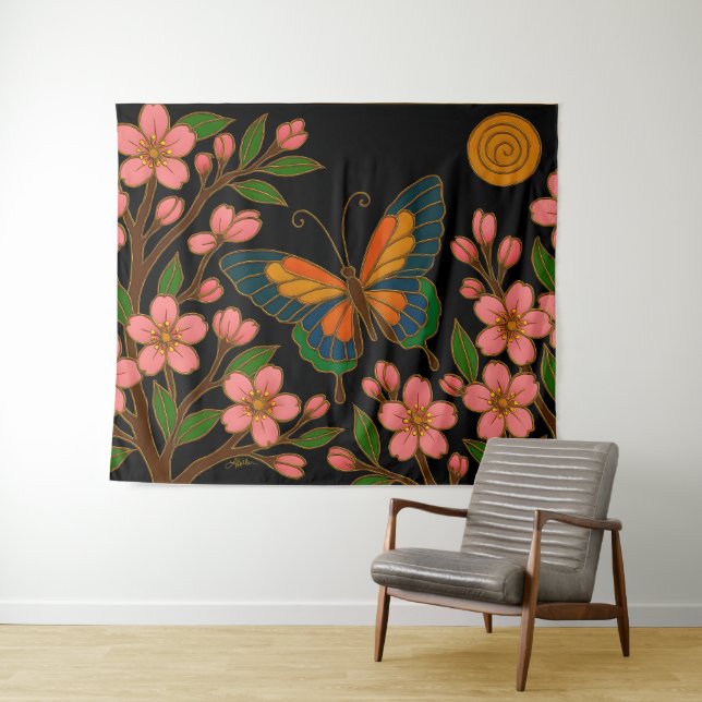 Butterfly Cherry Blossom Moon Tapestry (In Situ (Horizontal))