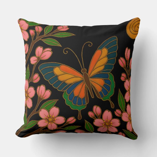 Butterfly Cherry Blossom Moon Throw Pillow (Front)