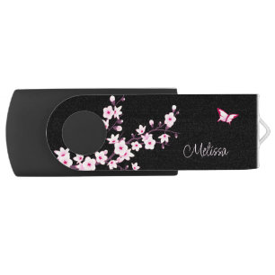 Butterfly Cherry Blossom Pink Black Monogram USB Flash Drive