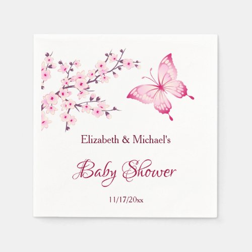 Butterfly Cherry Blossom Pink White Baby Shower   Napkins